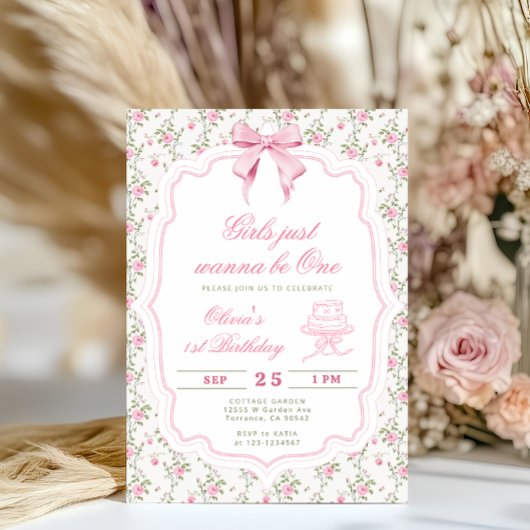 Elegant Pink Bow Girl First Birthday 招待状