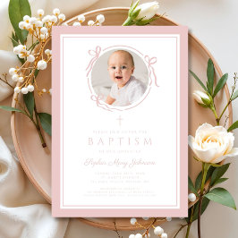 Elegant Pink Bow Girl Photo Baptism 招待状