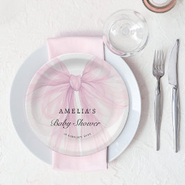 Elegant Pink Bow Girls Baby Shower ペーパープレート
