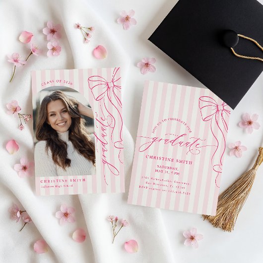 Elegant Pink Bow Graduation  招待状