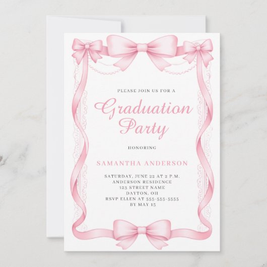 Elegant Pink Bow Graduation Party 招待状 (正面)