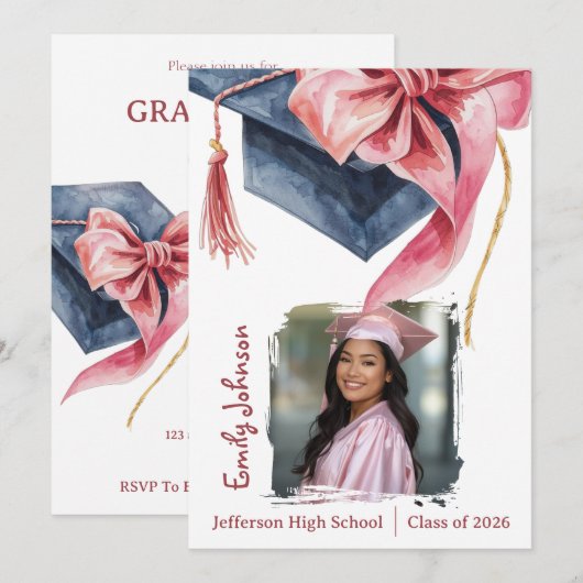 Elegant Pink Bow Graduation Party Invitation 招待状 (正面/裏面)