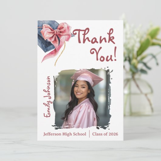 Elegant Pink Bow Graduation Thank You Card  招待状 (スタンド正面)