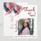 Elegant Pink Bow Graduation Thank You Card  招待状 (正面/裏面)