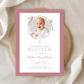 Elegant Pink Bow Photo Baptism 招待状