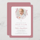 Elegant Pink Bow Photo Girl Baptism 招待状 (正面/裏面)