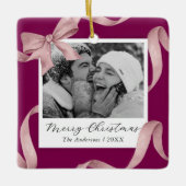 Elegant Pink Bow Photo Holiday セラミックオーナメント (正面)