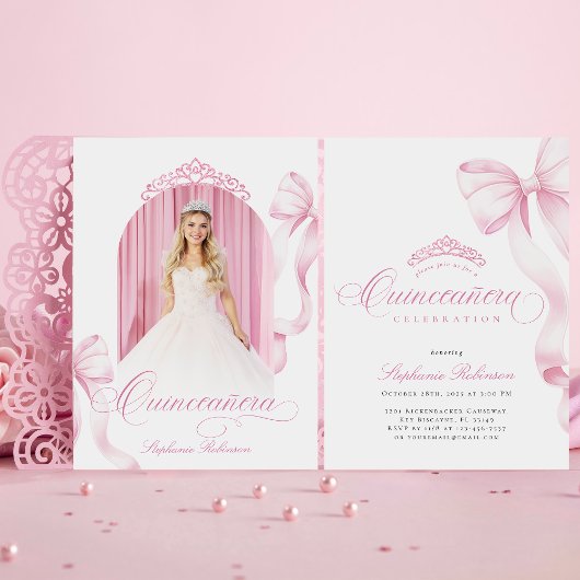 Elegant Pink Bow Photo Quinceañera Invitation 招待状