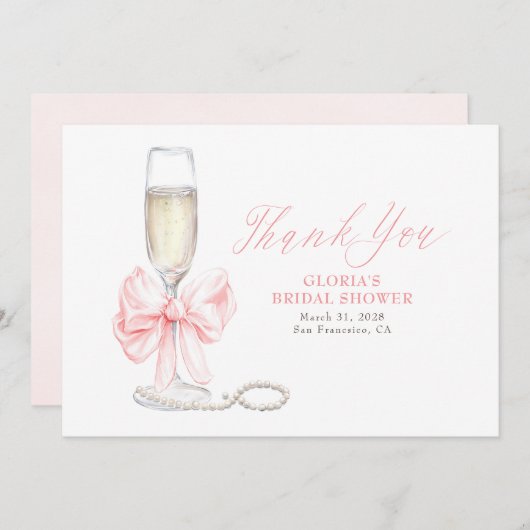 Elegant Pink Bow Prosecco Bridal Shower Thank You サンキューカード (正面/裏面)