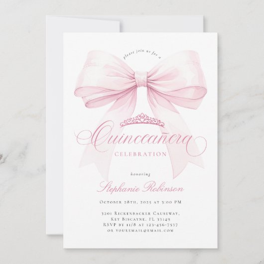 Elegant Pink Bow Quinceañera Invitation 招待状 (正面)
