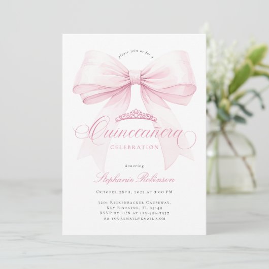 Elegant Pink Bow Quinceañera Invitation 招待状 (スタンド正面)