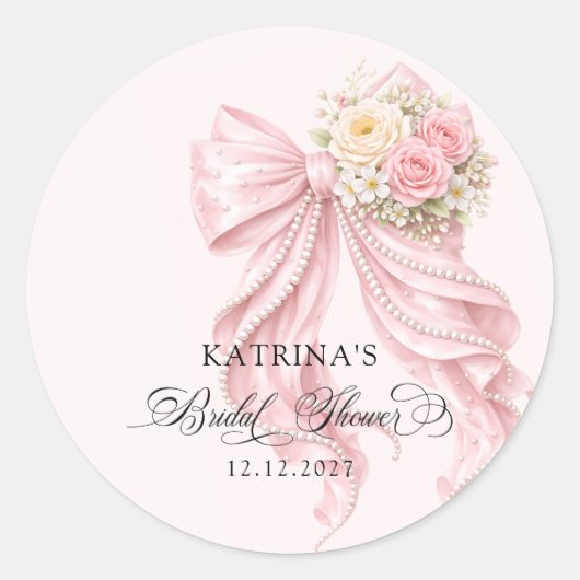 Elegant Pink Bow Romantic Bridal Shower ラウンドシール (正面)