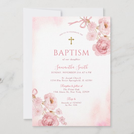 Elegant Pink Bow Rose Floral Cross Girl Baptism 招待状 (正面)