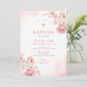 Elegant Pink Bow Rose Floral Cross Girl Baptism 招待状 (スタンド正面)