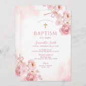 Elegant Pink Bow Rose Floral Cross Girl Baptism 招待状 (正面/裏面)