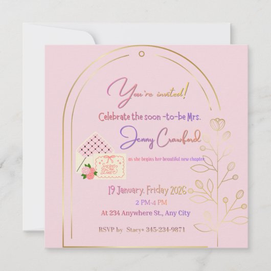 Elegant Pink Bridal Shower Invitation | Modern Gol 招待状 (正面)