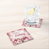 Elegant Pink Burgundy Floral 80th Birthday スクエアペーパーコースター (インサイチュ)