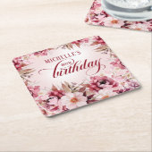 Elegant Pink Burgundy Floral 80th Birthday スクエアペーパーコースター (アングル)