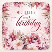 Elegant Pink Burgundy Floral 80th Birthday スクエアペーパーコースター (正面)