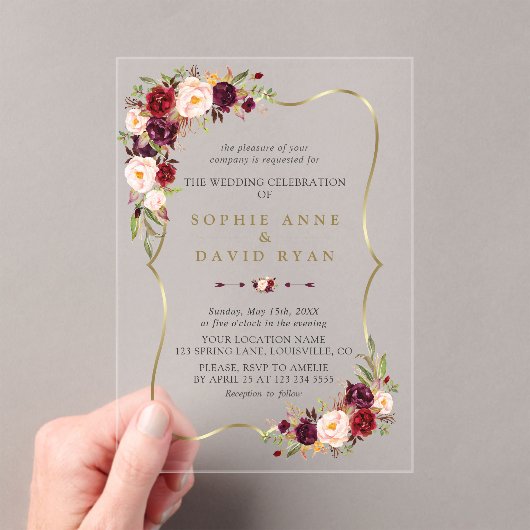 Elegant Pink Burgundy Floral Gold Marble Wedding アクリル招待状 (インサイチュ (ポータブル))