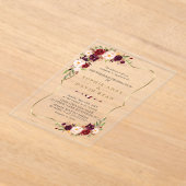 Elegant Pink Burgundy Floral Gold Marble Wedding アクリル招待状 (レイダウン)
