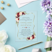 Elegant Pink Burgundy Floral Gold Marble Wedding アクリル招待状 (インサイチュ (ウェディング))