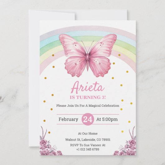 Elegant Pink butterfly birthday Invitation 招待状 (正面)