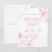 Elegant Pink Butterfly Birthday Party Invitation  ポストカード (正面/裏面)