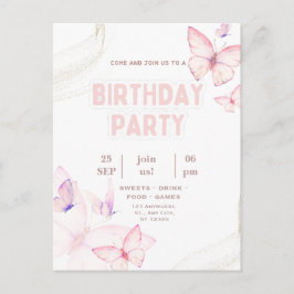 Elegant Pink Butterfly Birthday Party Invitation  ポストカード