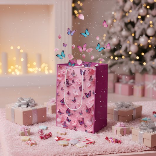 Elegant Pink Butterfly Floral Gift Bag ミディアムペーパーバッグ