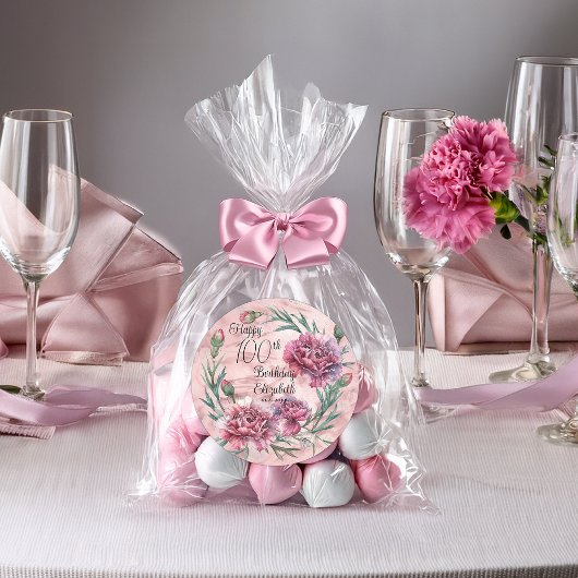 Elegant Pink Carnations 100th Birthday Party ラウンドシール