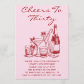 Elegant Pink Cheers to Thirty Cocktail Birthday 招待状 (正面)