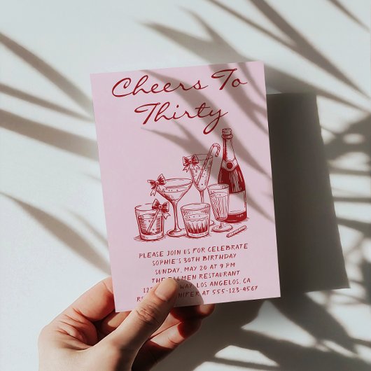 Elegant Pink Cheers to Thirty Cocktail Birthday 招待状