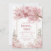 Elegant Pink Cherry Blossom Eucalyptus Gold Frame 招待状 (正面)