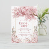Elegant Pink Cherry Blossom Eucalyptus Gold Frame 招待状 (スタンド正面)