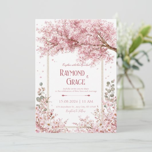 Elegant Pink Cherry Blossom Eucalyptus Gold Frame 招待状 (スタンド正面)