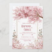 Elegant Pink Cherry Blossom Eucalyptus Gold Frame 招待状 (正面/裏面)