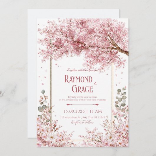Elegant Pink Cherry Blossom Eucalyptus Gold Frame 招待状 (正面/裏面)