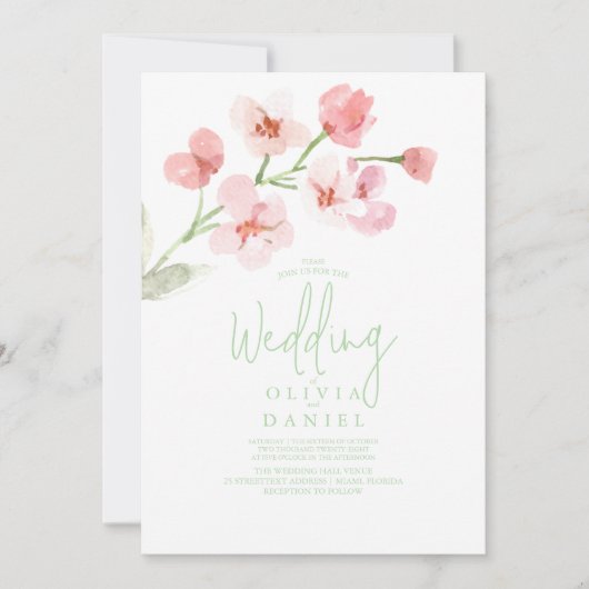 Elegant Pink Cherry Blossom Watercolor Wedding  招待状 (正面)
