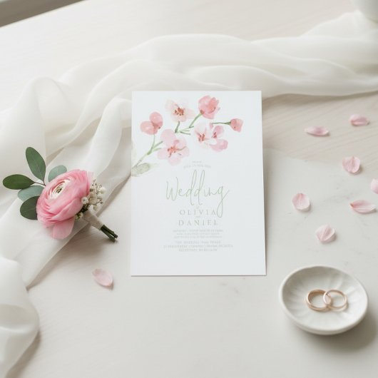 Elegant Pink Cherry Blossom Watercolor Wedding  招待状