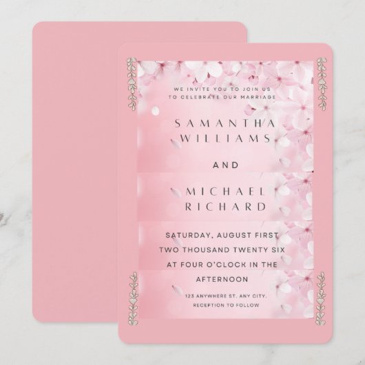Elegant Pink Cherry Blossom Wedding Invitation - C 招待状 (正面/裏面)