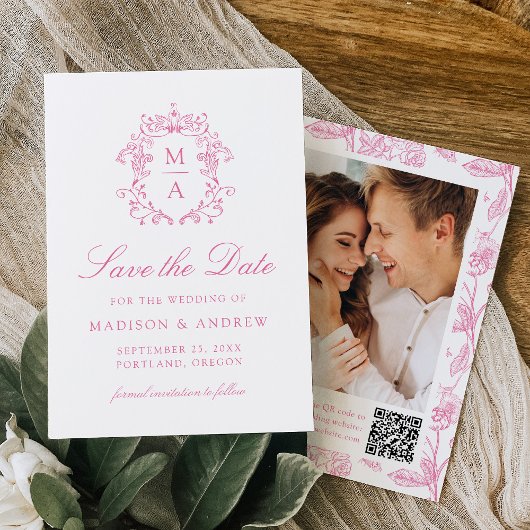 Elegant Pink Chinoiserie Floral QR Code Wedding セーブザデート