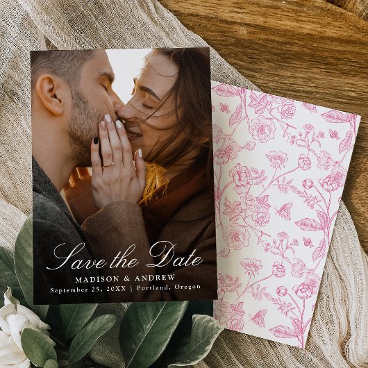 Elegant Pink Chinoiserie Photo Wedding セーブザデート