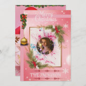Elegant Pink Christmas Card with Custom PhotoFrame 招待状 (正面/裏面)