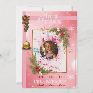 Elegant Pink Christmas Card with Custom PhotoFrame 招待状