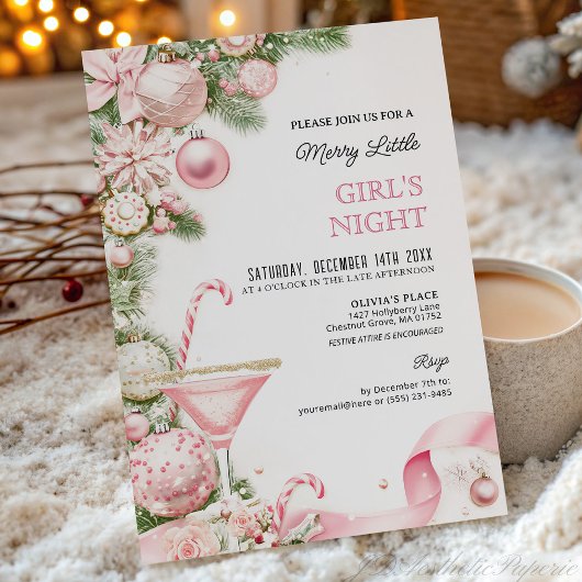 Elegant Pink Christmas Girls Night Invitation  招待状