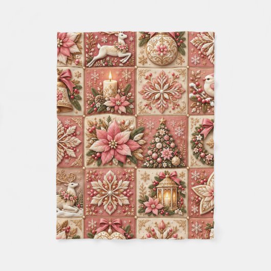 Elegant Pink Christmas Patchwork Blanket フリースブランケット (正面)