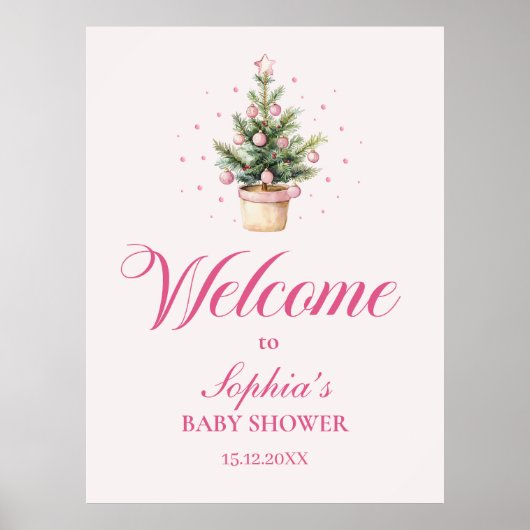 Elegant Pink Christmas Tree Baby Shower Welcome ポスター (正面)