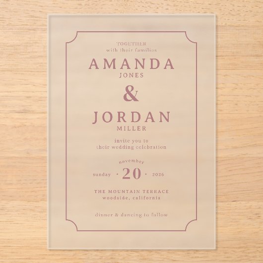 Elegant Pink Classic Wedding Invitation アクリル招待状 (正面)