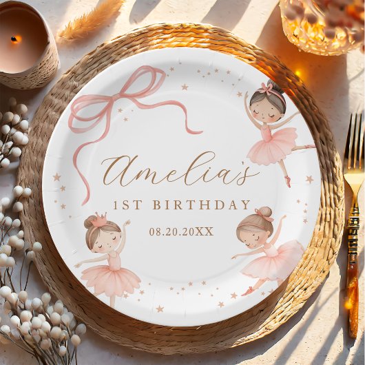Elegant Pink Coquette Ballerina Girl Birthday ペーパープレート